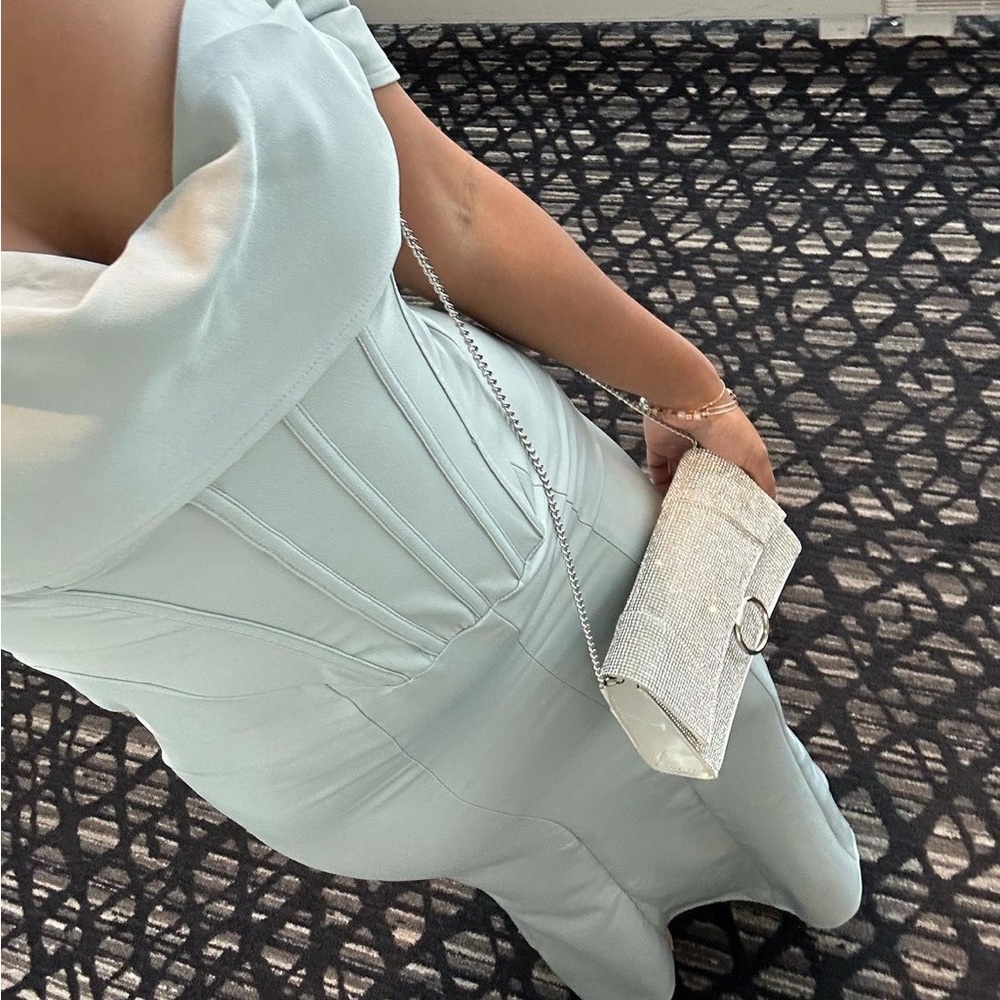 PLT Sage Green Corset Detail Bardot Bridesmaid Dress